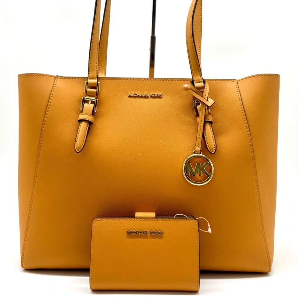 Michael Kors Charlotte LG Tote Bag 3 IN 1 Leather Tote Bag & Bifold Wallet Cider